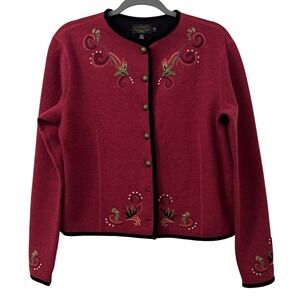Icelandic Design Wool Knit Cardigan Womens S Red Embroidered‎ Button Up Boho